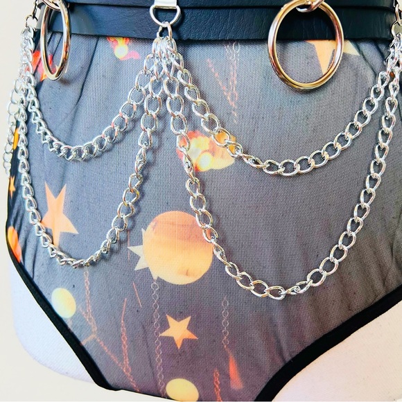 NWT Black Moon Star Chain Pattern Lace Up Mesh Strappy Rave Lingerie Bodysuit - Picture 6 of 11